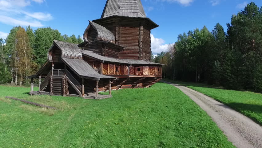 aerial view of wooden architecture of the Arkhangelsk Orthodox Church