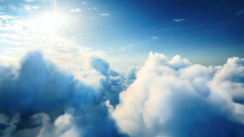 Flying over the timelapse clouds with the afternoon sun. Seamlessly looped animation. Flight through moving cloudscape with beautiful lens flare. Traveling by air. Perfect for cinema, background