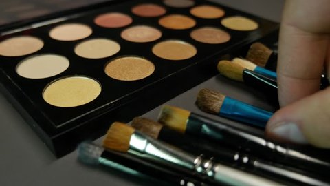 A person takes a brush from several of them lying in front of a make up palette and uses a color from the palette...