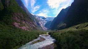 Beautiful Nature Norway natural landscape. Glacier Kjenndalsbreen aerial footage.