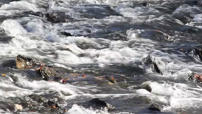 Flowing river rapids cascades over rocks