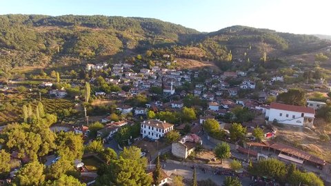 Historical White Houses, Sirince Village, Izmir Turkey. Aerial view drone shot.