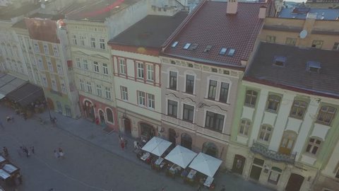 Panorama of the ancient city. The roofs of old buildings. Ukraine Lviv City Council, Town Hall, the tower. Streets Arial