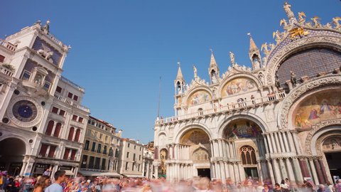day venice city most famous san marko basilica square clocktower panorama 4k time lapse italy