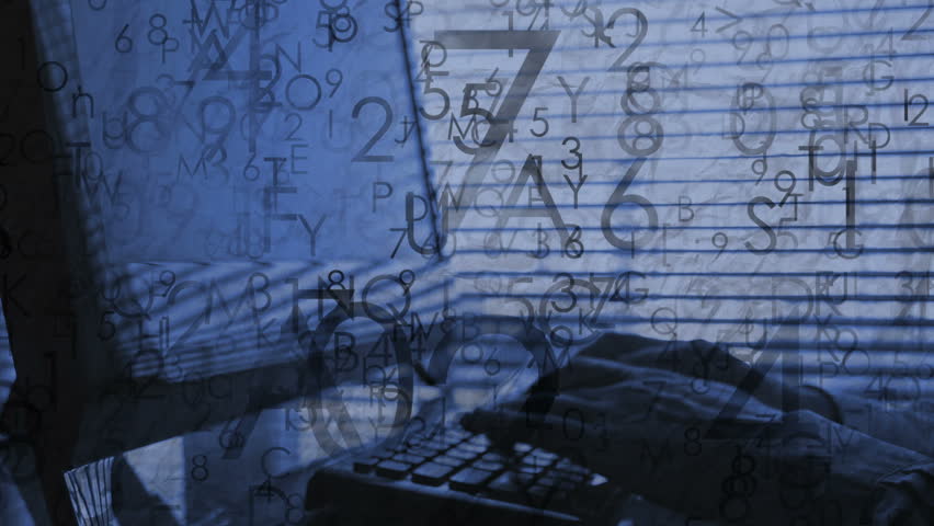 Typing on the computers keyboard, abstract loopable financial, business, computers background. A businessman typing on keyboard of computer, typing hands in the frame, flying letters and numbers.