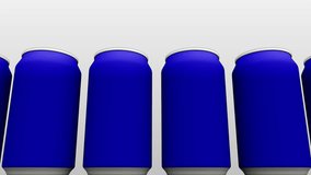 Simplified blue cans against white background. Soft drinks or beer production. 4K seamless loopable dolly clip, cartoon version