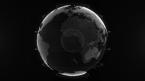 Abstract futuristic rotating world globe in particles or small dots. Modern technology background for broadcast. Virtual digital planet Earth on black background. Loop animation.