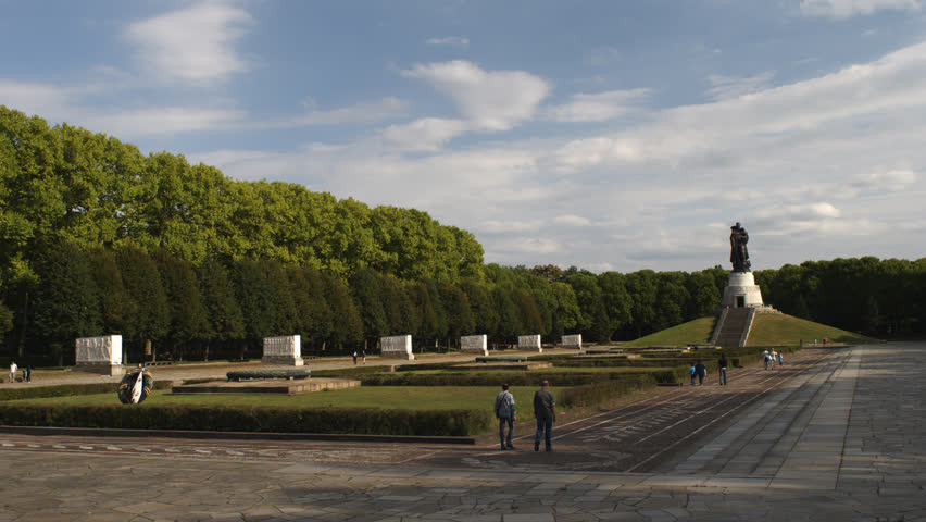 Time Lapse, Establishing Wide Shot Of The Soviet World War Two Memorial Park In Berlin In Treptower Park. Sunny Late Summer Afternoon.
