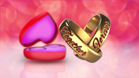 3D animation wedding rings with word Together Forever and Red Velvet heart box with beautiful bokeh background.