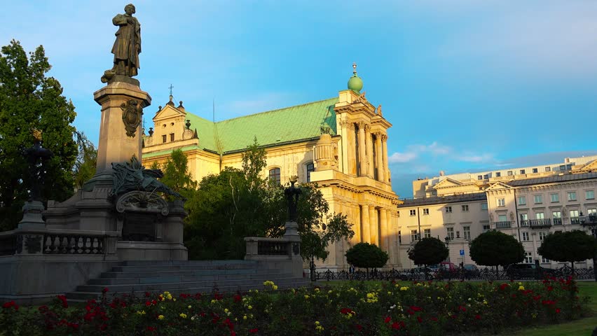 Monument of poet Adam Mickiewicz in Warsaw. Poland. Shot in 4K (ultra-high definition (UHD)).