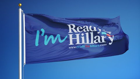 Vote for Hillary Clinton flag waving in slow motion against clean sky, seamlessly looped, close up, isolated on alpha with black and white matte, perfect for news, films