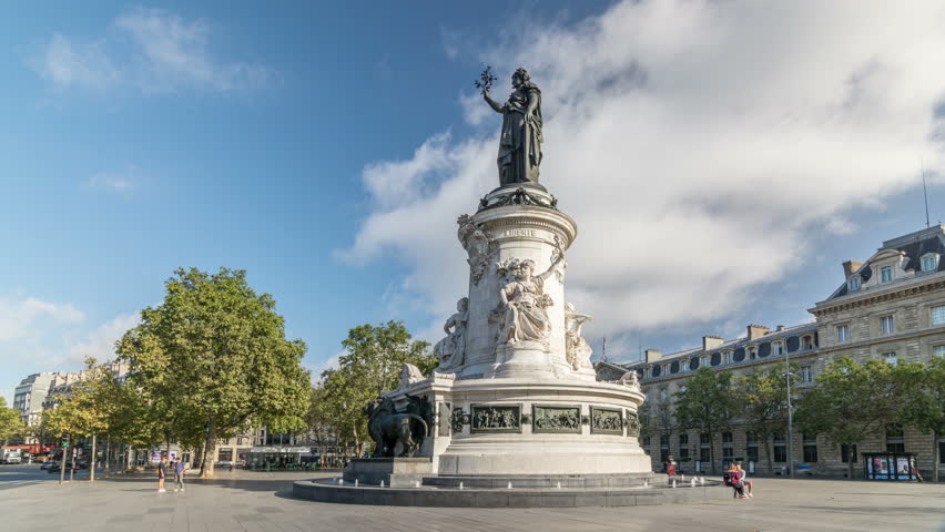 Paris. Place de la Republique. Bronze statue of Marianne, holding olive branch is in the square center