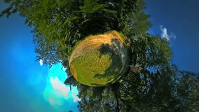 Tiny Little Planet 360 Degree Timelapse. Footpath Near Cottages, Old Woolden Houses. Rural Landscape in Sunny Day, Opole Country in Summer or Autumn. Blue Sky. Fresh Green Trees, Outdoors. Mini