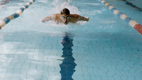 Slow motion view of swimming. Swimmer in action in waterpool with blue water at sunny day. 
