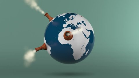 Global CO2 emissions: Smoke stacks pop up on a rotating globe filling the shot with smoke. (Play in reverse to imply reducing emissions)