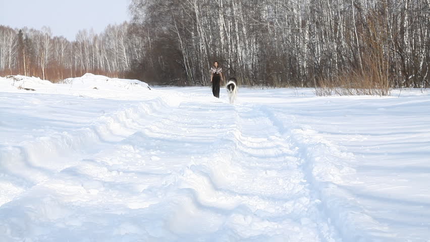 beauty woman with dog in winter country