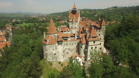 Aerial view of Bran Castle, Mystic place, Medieval castle, also known as Dracula castle, in Brasov, Transylvania