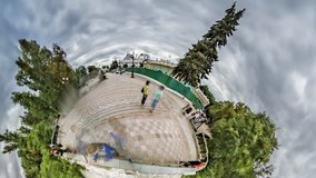 Tiny Little Planet 360 Degree. Timelapse. Observation Platform in Mariinsky Park. People in the Park Admiring the Beautiful Views of the Site. People at Observation Deck Are Looking Down at Kiev