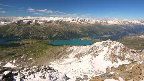 Stunning view of Silsersee, Silvaplanersee, Engadin valley and Maloja from Corvatsch mountain near Sankt Moritz, Grisons, Switzerland, Europe.
