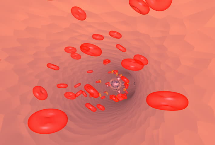 Blood cells traveling through an artery