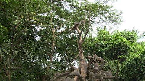 Osogbo, Nigeria - August 2013;Tilt down spiky tangled statue in Sacred Grove.