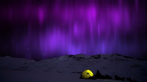 Northern Lights aurora Borealis in the snowy mountains and yellow tent.