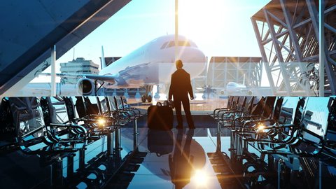 Man in airport terminal. fly animation. Wonderfull sunset. Business and travel concept