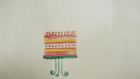 Animated happy birthday postcard with cake, balloons and flags with words