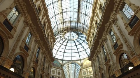 MILAN, ITALY - SEPTEMBER 28, 2016: POV view of Vittorio Emanuele II Gallery with dome. It's one of the world's oldest shopping malls, designed and built by Giuseppe Mengoni between 1865 and 1877. 