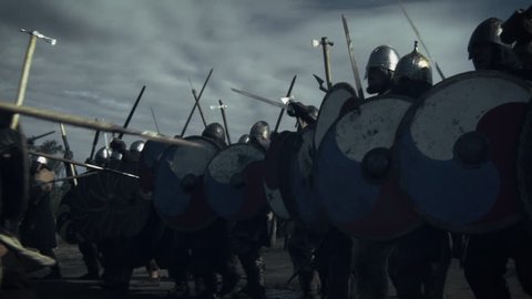 Battle Between Medieval Viking Warriors. Medieval Reenactment. Shot on RED Cinema Camera in 4K (UHD).