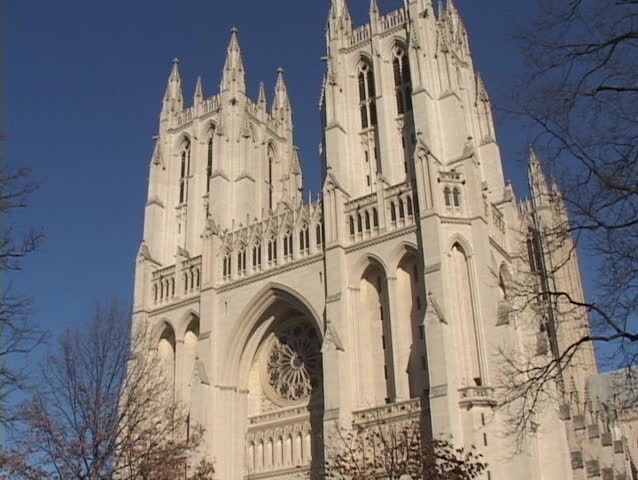 National Cathedral from the front of the building on a 3/4 angle. sunny