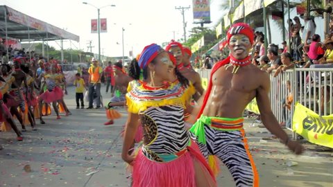 BARRANQUILLA, COLOMBIA, CIRCA 2013: people wearing zebra costume dancing at the carnival