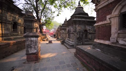 KATHMANDU, NEPAL - APRIL 11, 2016: The Pashupatinath Temple with small Shiva temples with lingams. Monkeys aren't afaid of men. This complex is on UNESCO World Heritage Sites's list since 1979