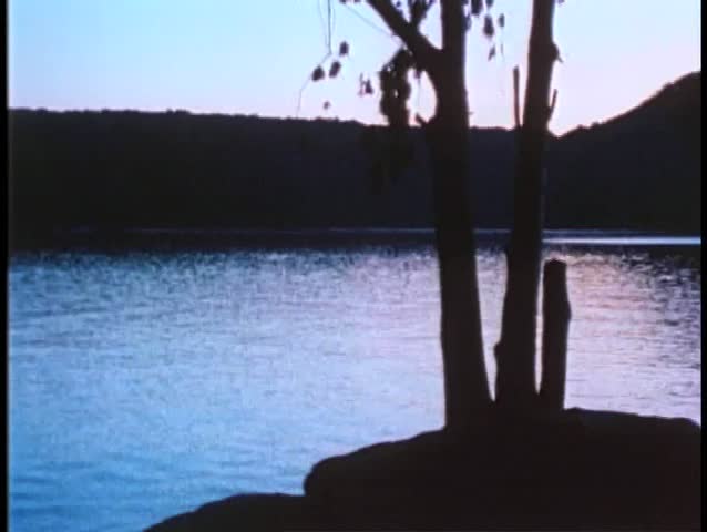 Wide shot of Connecticut lake at dusk
