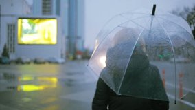 girl in the rain with an umbrella. autumn woman walking down the street
