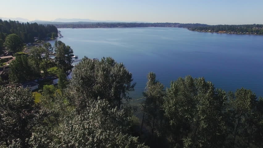 Drone Shot Flying Over Lake Stevens, Washington on Sunny Day