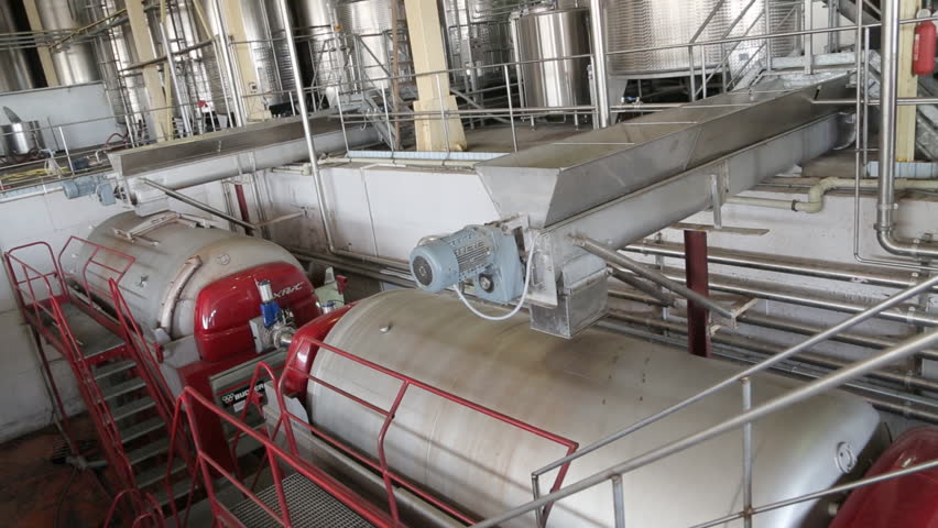 Spin grape juice, wine production, factory, pres, tanks, spill