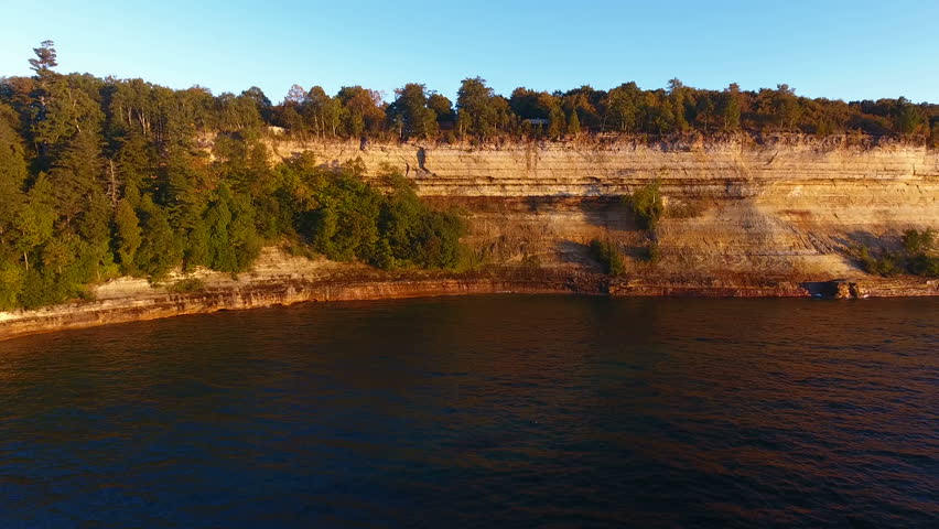Pictured Rocks National Park near Munising Michigan.  Rock formations along Lake Superior as seen through an aerial camera.