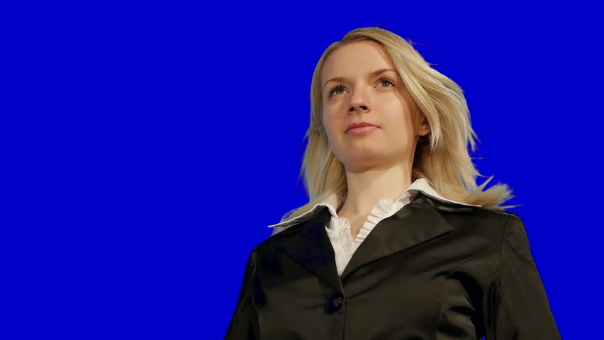 young businesswoman talking by mobile phone, isolated over blue screen