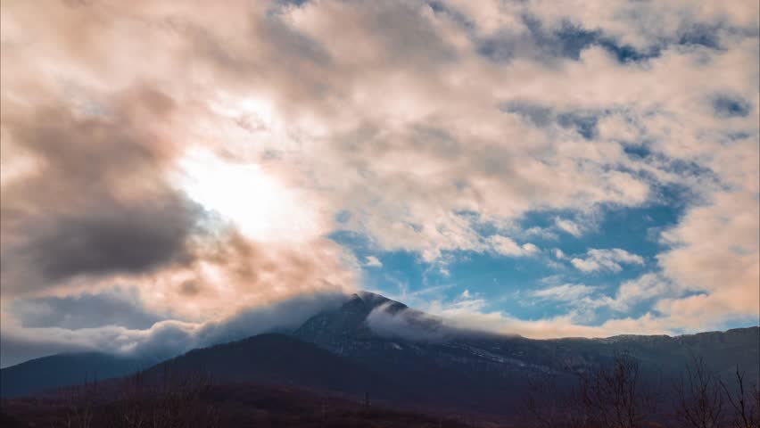 Autumn landscape in mountains, clouds over mountains, time lapse, 4k /  Mountain landscape and clouds, time lapse, 4k