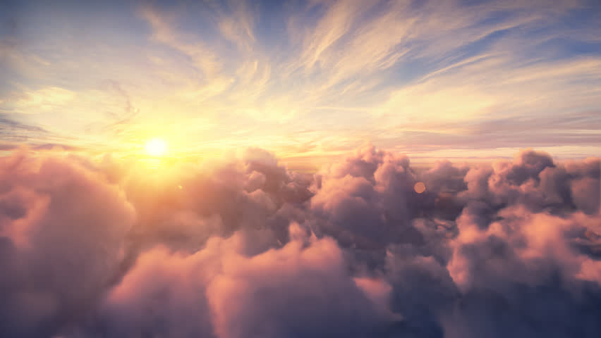 Flying over the evening timelapse clouds with the late sun. Seamlessly looped animation. Flight through moving cloudscape with beautiful sun rays. Traveling by air. Perfect for cinema, background