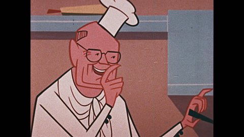 ANIMATED1950s: Cartoon chef separates mixture in an unmixing machine. Cartoon chef heats glass test tube and adds arsenic. Cartoon chef places test tube in a cooler.