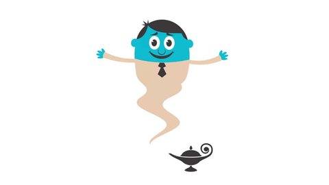 Animation of genie in business suit coming out of magic lamp. 