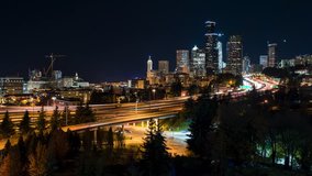 Time lapse video of heavy traffic amongst the Seattle skyline at night. 4k time lapse, 4096x2304.
