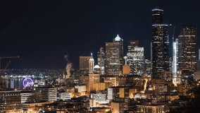Time lapse video of a section of the beautiful Seattle skyline at night. 4k time lapse, 4096x2304.