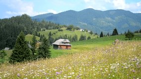 wooden house in the mountains of the day, epic mountain landscape scenery Carpathian Mountains in the summer day on a cloudy day, timelapse fast video HD 1080