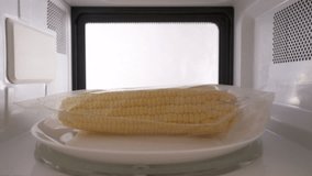 Cooking fresh shucked corn in plastic ziplock bag in the microwave. Ears of corn microwaving inside oven spinning on turntable tray. Version without external lighting for more natural look