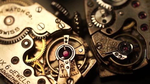 A pair of mechanical watch movements ticking.
