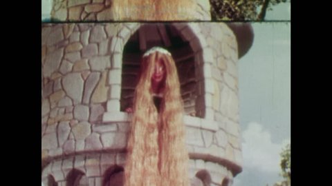 ANIMATED 1950s: Rapunzel's hair magically braids itself and adds two white bows at the end. The witch begins to climb up Rapunzel's hair.