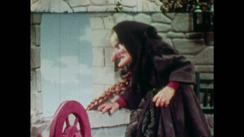 ANIMATED 1950s: Witch takes Rapunzel from her tower. Witch puts Rapunzel in a wooden shack.